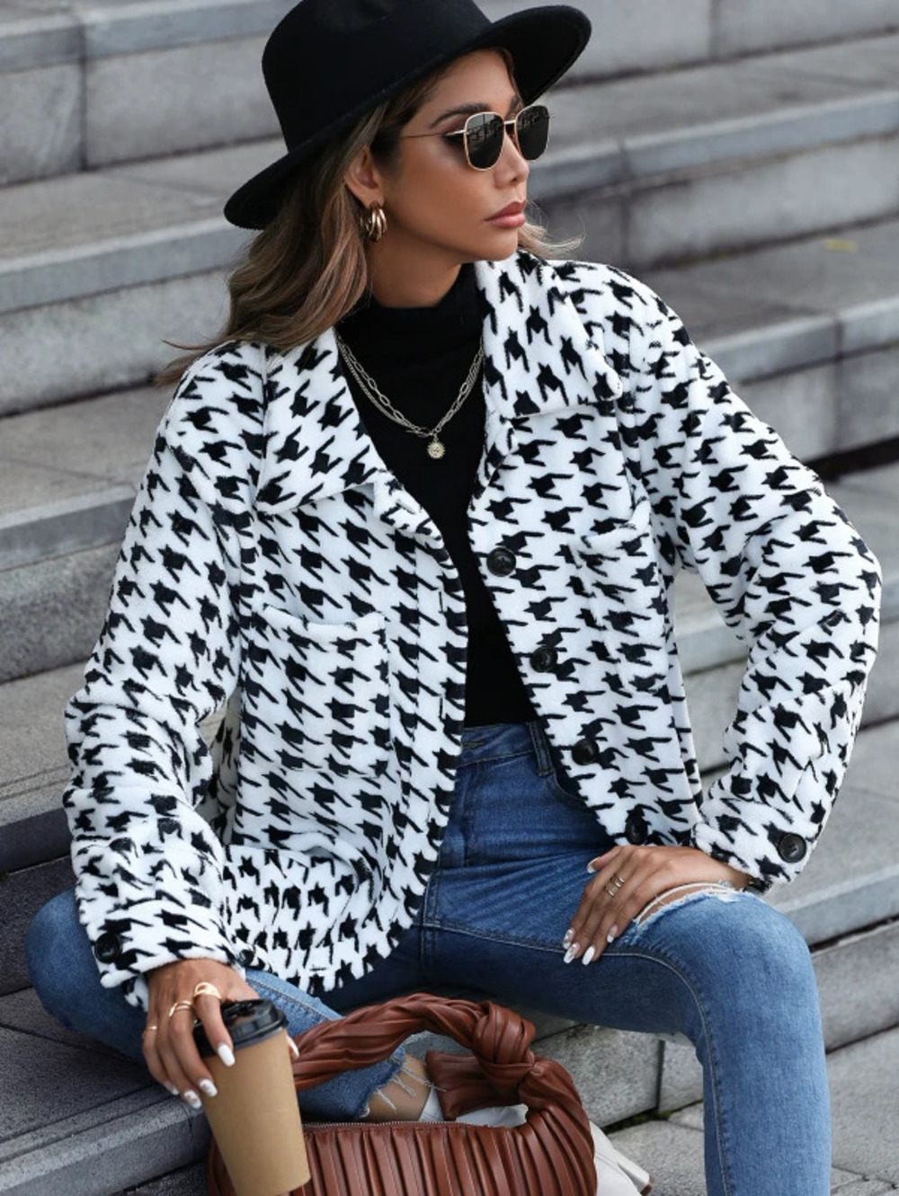 ZARA Houndstooth Flannel Blazer Fall Plush Loose Fit Long Sleeve Mid Length